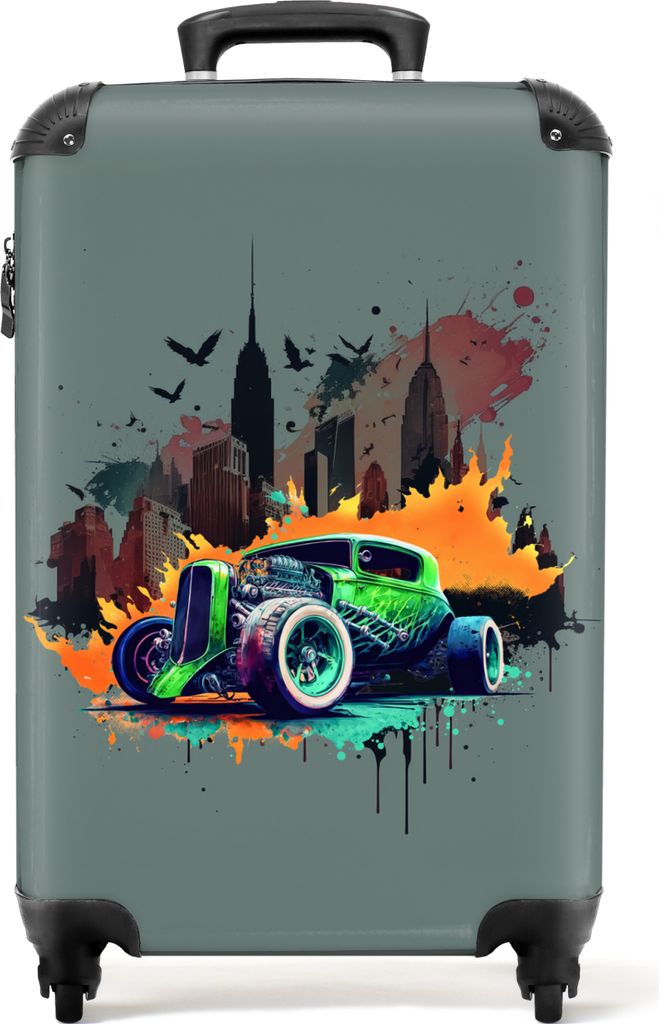NoBoringSuitcases.com Koffer Handgepäck Trolley Rollkoffer Kleine Reisekoffer mit 4 Rollen - Auto - New York - Graffiti - Grün - Hot Rod - Cabi...