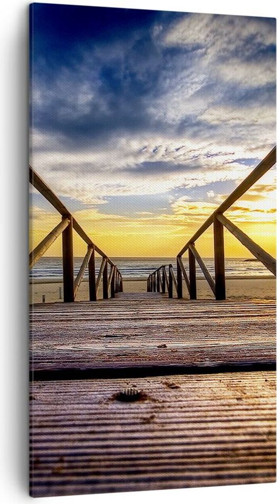 Bild auf Leinwand - Leinwandbild - Strand Ozean Sand Holzbrücke Sonnenuntergang - 45x80cm - Wand Bild - Wanddeko - Leinwanddruck - Bilder - Kunstd...