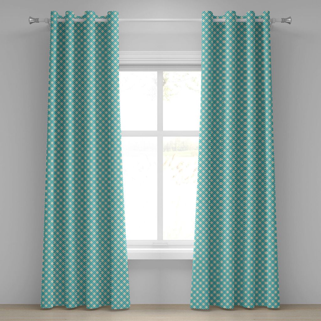 ABAKUHAUS Retro Ösenvorhang, Aqua farbiges einfarbiges überprüftes Muster-geometrisches diagonales gestreiftes Fliesen-Design, Dekorative 2-Pane...