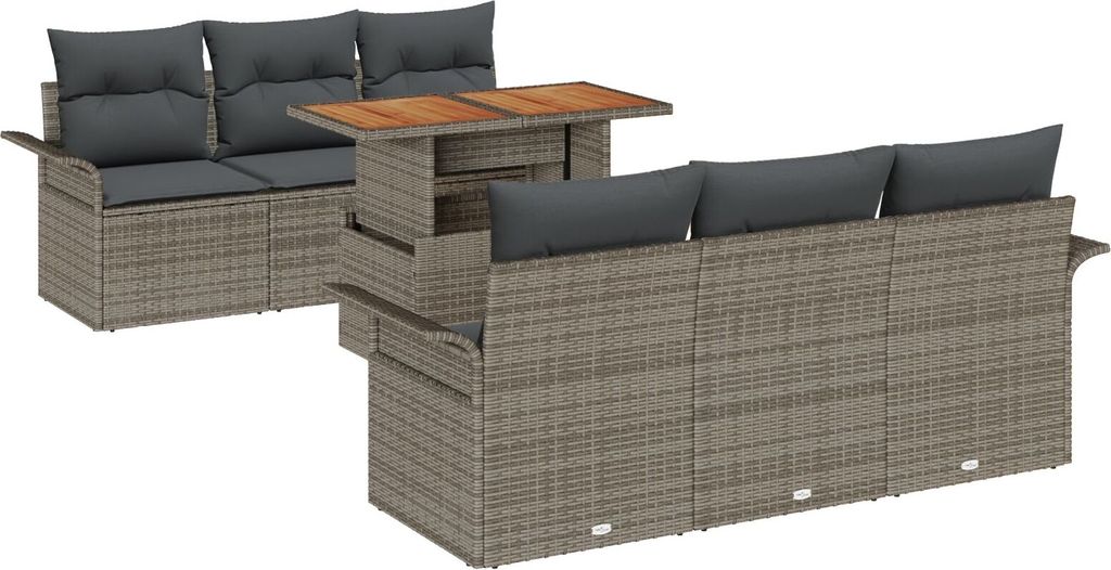 Möbel 7-teiliges Garten-Sofa-Set mit Kissen Grau Poly Rattan, 2-Sitzer Garten Sofa mit Stauraum & Kissen Grau Poly Rattan - Gartensofas 3358015