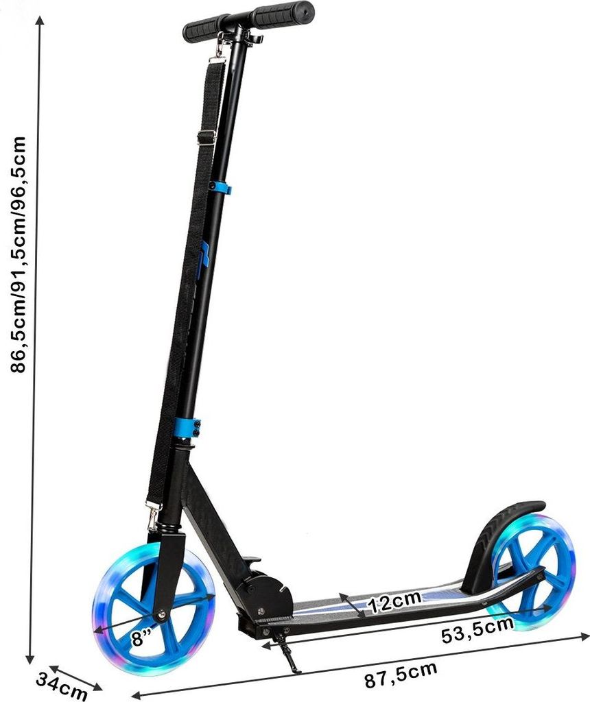 Scooter Roller klappbar Tretroller höhenverstellbar 100kg Tragkraft Kickroller mit 2 LED Räder blau