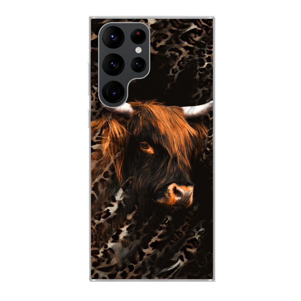 MuchoWow Handyhülle Schutzhülle Hülle für Samsung Galaxy S22 Ultra Schottischer Highlander - Pantherdruck - Schwarz Silikon Softcase Handy H...