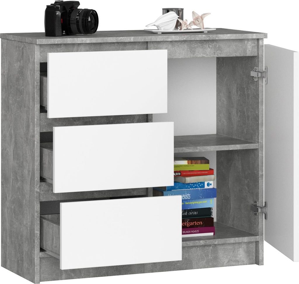 BDW, Kommode, 3 Schubladen, 1 Tür, Schrank, Sideboard, Beton / Weiss