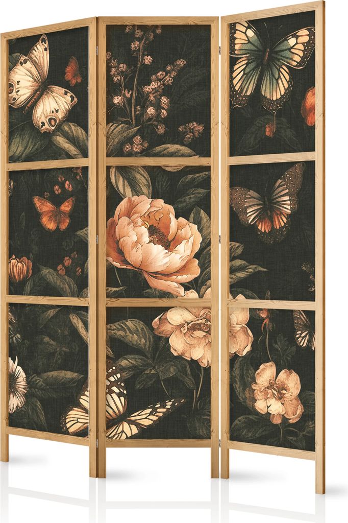 3-teiliger Einseitiger Vlies Japanischer Paravent - Mysterious Garden - Butterflies Flying Over Flowers - Rustic Evening 135x172 cm Blumen b-H-1001...