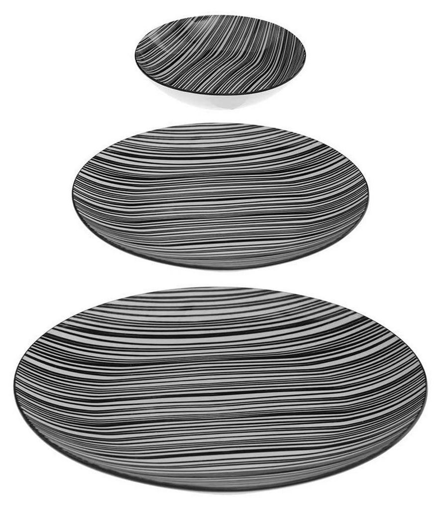 Three plates of varying sizes are stacked on a white background. Each plate has a black and white striped pattern.