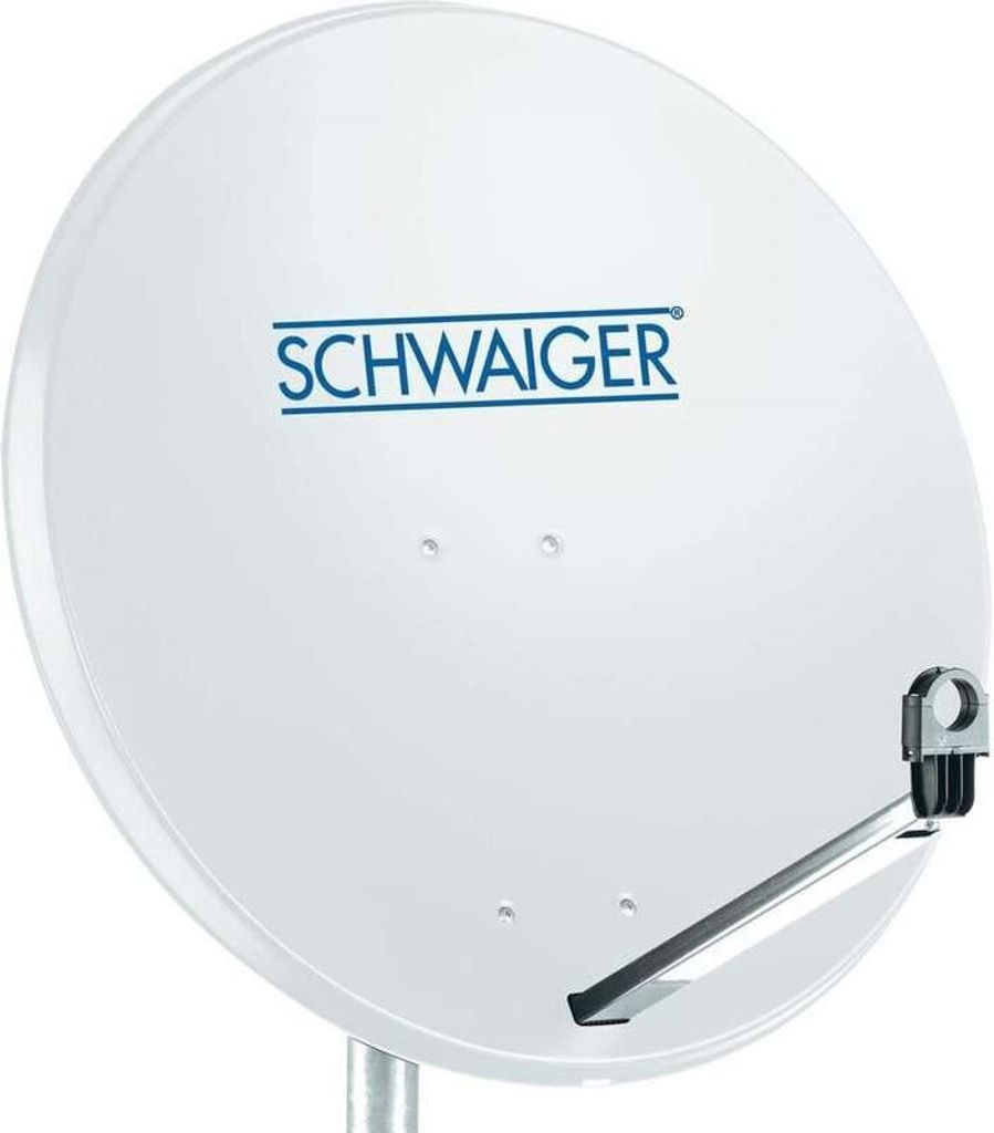 A white satellite dish with a brand logo and mounting arm.