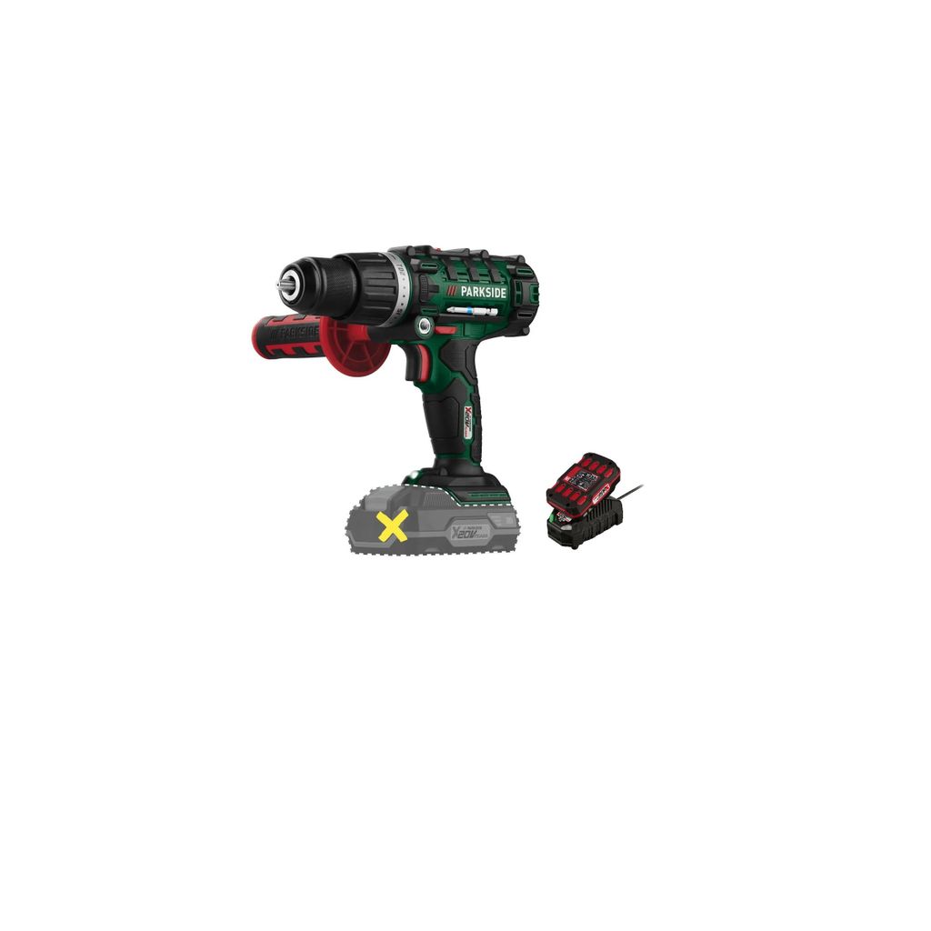 A cordless drill with battery and charger on a white background.
