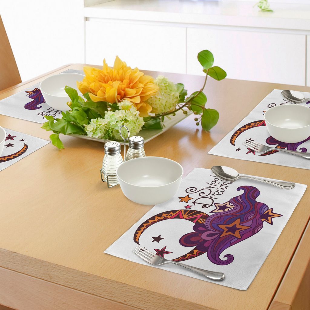 ABAKUHAUS Schöne Träume Platzmatten, Crescent Moon mit Stars ethnischen Design Inspirationen wirbelt und Kurven-Muster, Tiscjdeco aus Farbfesten ...