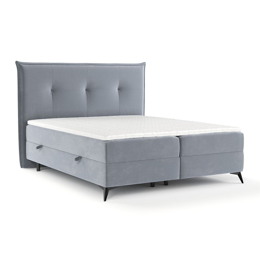 Boxspringbett Livia Interiors Calary, Bett 160x200 cm, mit Bettkästen, Doppelbett, H2 Bonell - Matratze und Topper, Samtstoff Riviera, Blau Grau F...