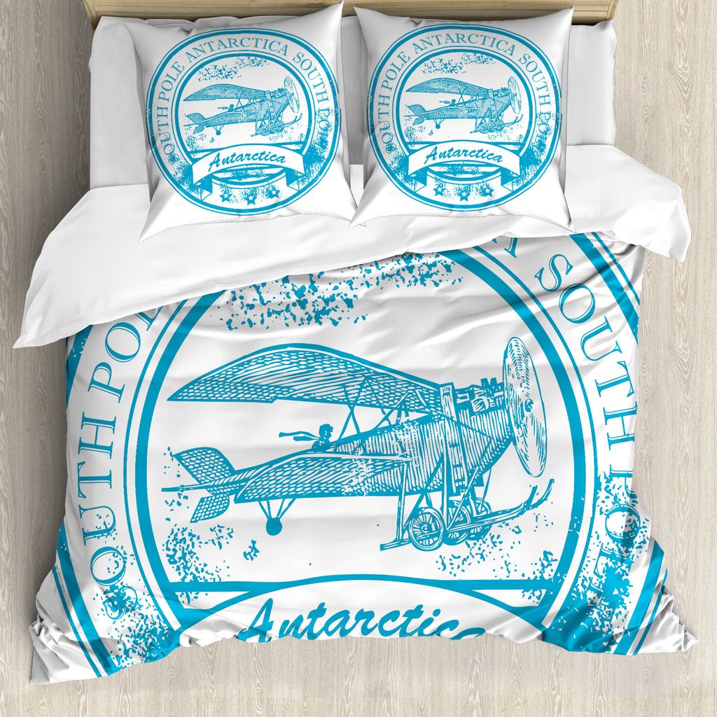 ABAKUHAUS Weinlese-Flugzeug Bettbezug, Süd Antarktis, Milbensicher Allergiker geeignet mit Kissenbezügen, 200 cm x 200 cm - 80 x 80 cm, Sky Blue ...
