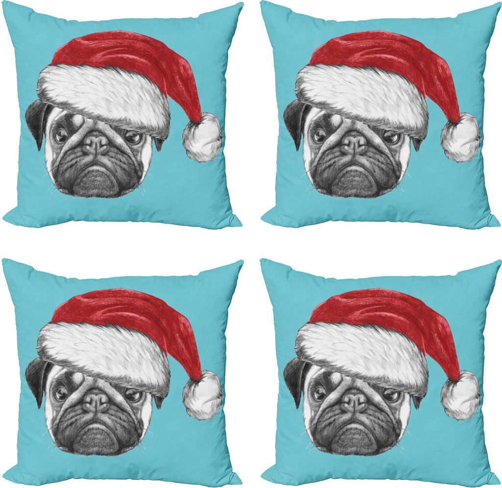 ABAKUHAUS Mops Kissenbezug Set (4 Stück), Hund mit Weihnachtsmütze X-Mas, Moderner Doppelseitiger Digitaldruck, 60 cm x 60 cm, Blau Ruby-Grau