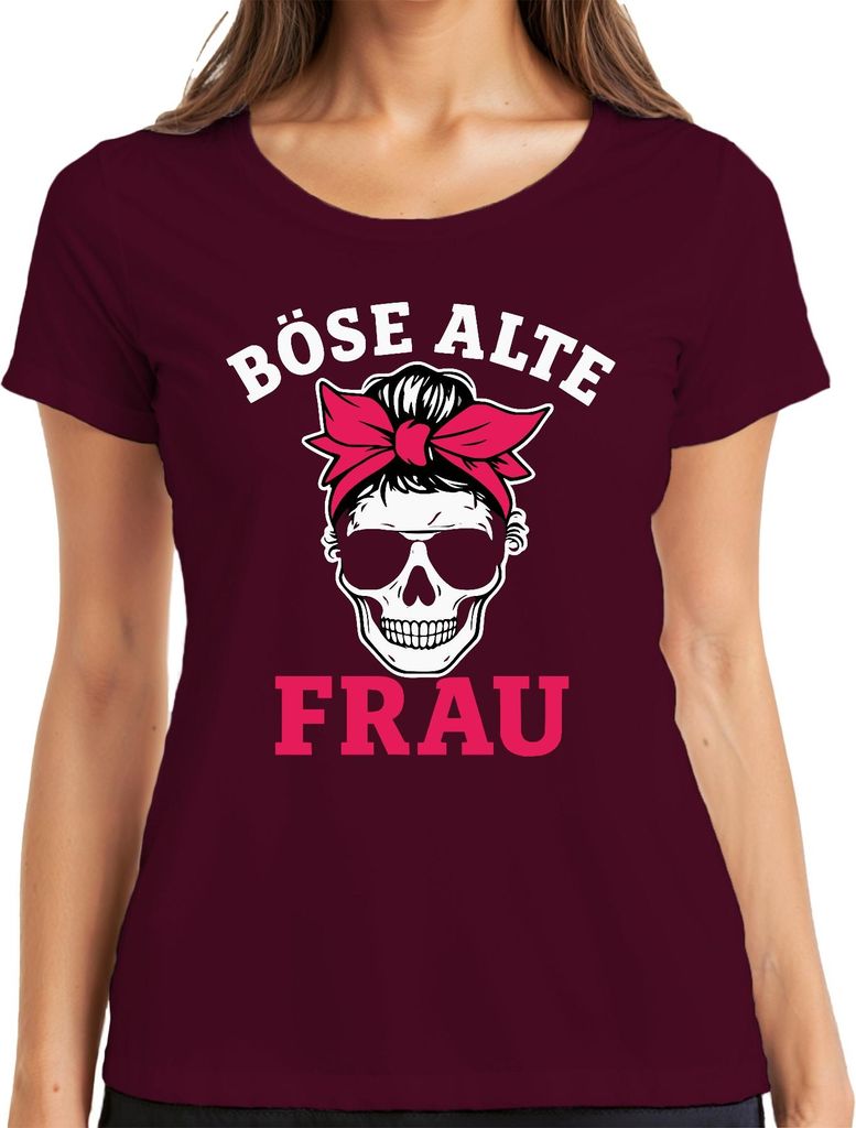 Böse Alte Frau Totenkopf Bandana Sonnenbrille Oma Biker Rocker Damen T-Shirt, Burgundy, XXL