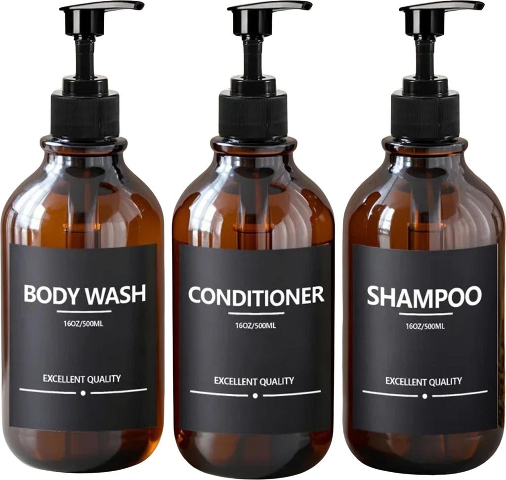 Seifenflaschen Set 500 ml Braun – Nachfüllbare Spender mit schwarzem Etikett für Duschgel, Shampoo & Seife | Flüssigkeitsbehälter Bad & Küche