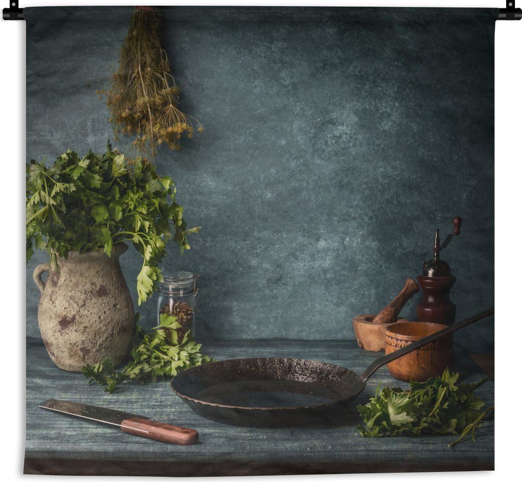 MuchoWow Wandteppich Wandbehang Kräuter - Gewürze - Pfanne - Messer - Grau - Rustikal 60x45 cm Tapisserie Dekoration Wandtuch - Das Schlafzimmer