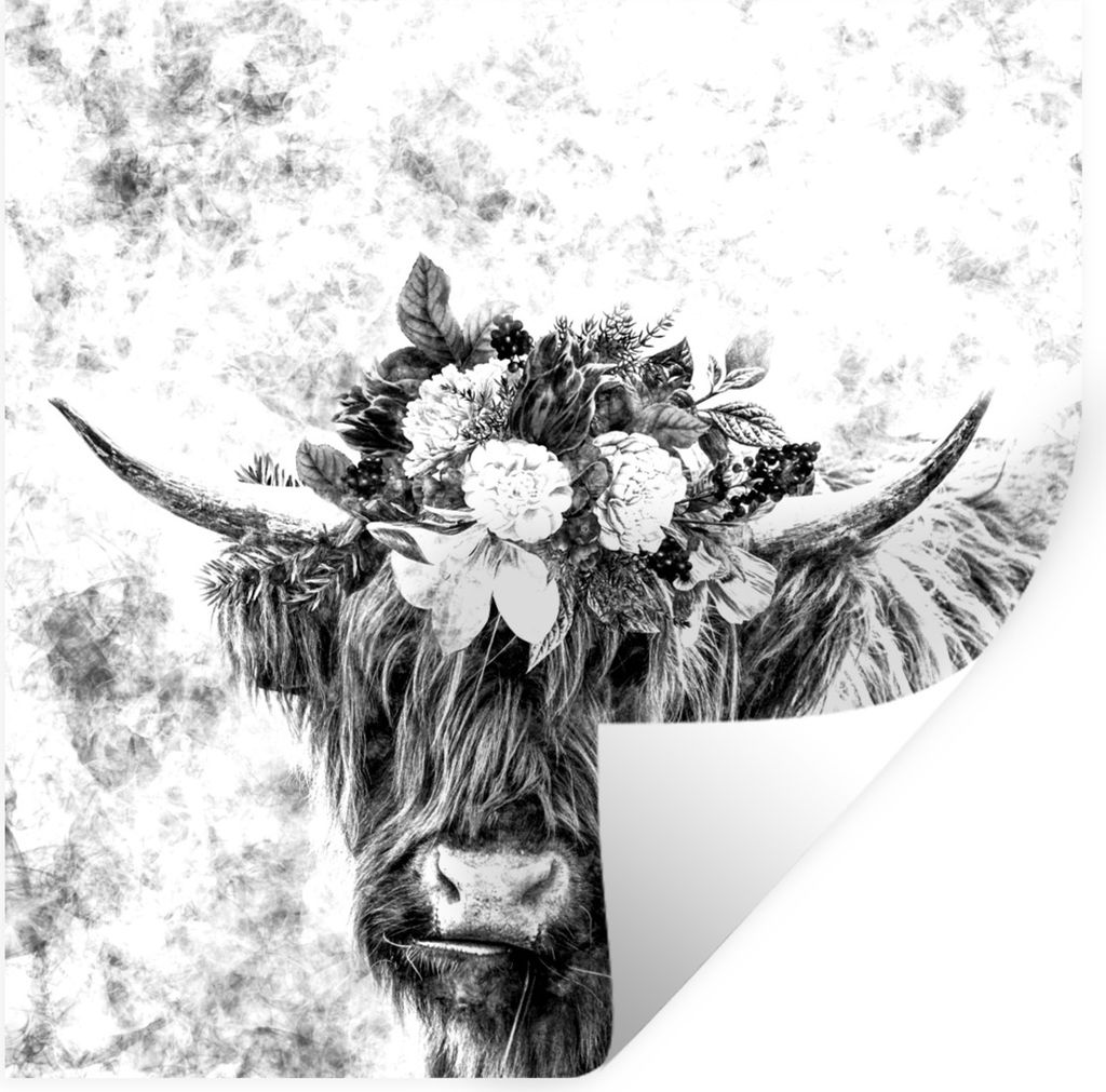 MuchoWow Wandtattoo Wandsticker Wandaufkleber Schottischer Highlander - Blumen - Schwarz - Weiß 30x30 cm Selbstklebend und Repositionierbar - Re...