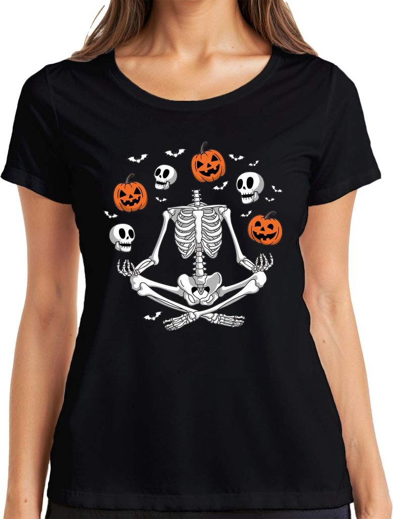Halloween Skelett Yoga Meditation Kürbis Totenkopf Fledermaus Damen T-Shirt, Schwarz, M