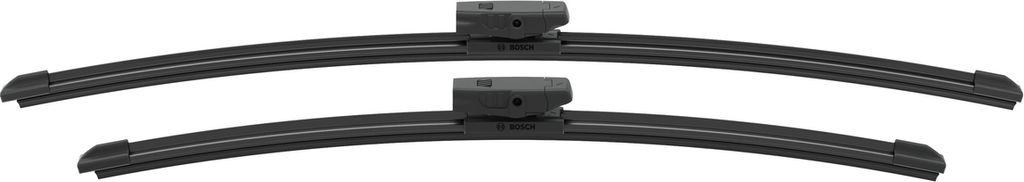 Two black car windshield wiper blades are shown against a white background.