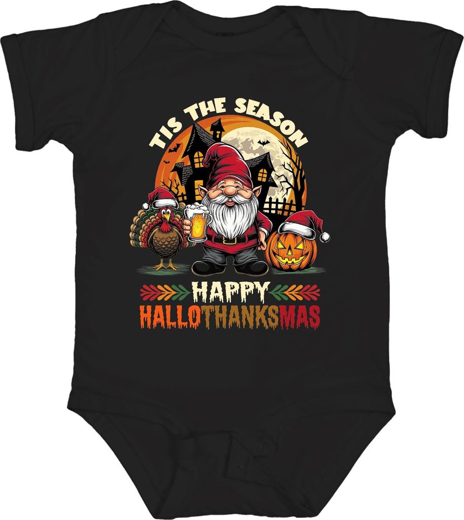 Happy Hallothanksmas Gnome Turkey Jack O Lantern Haunted Pumpkin Unisex Baby Body, Schwarz, 12/18