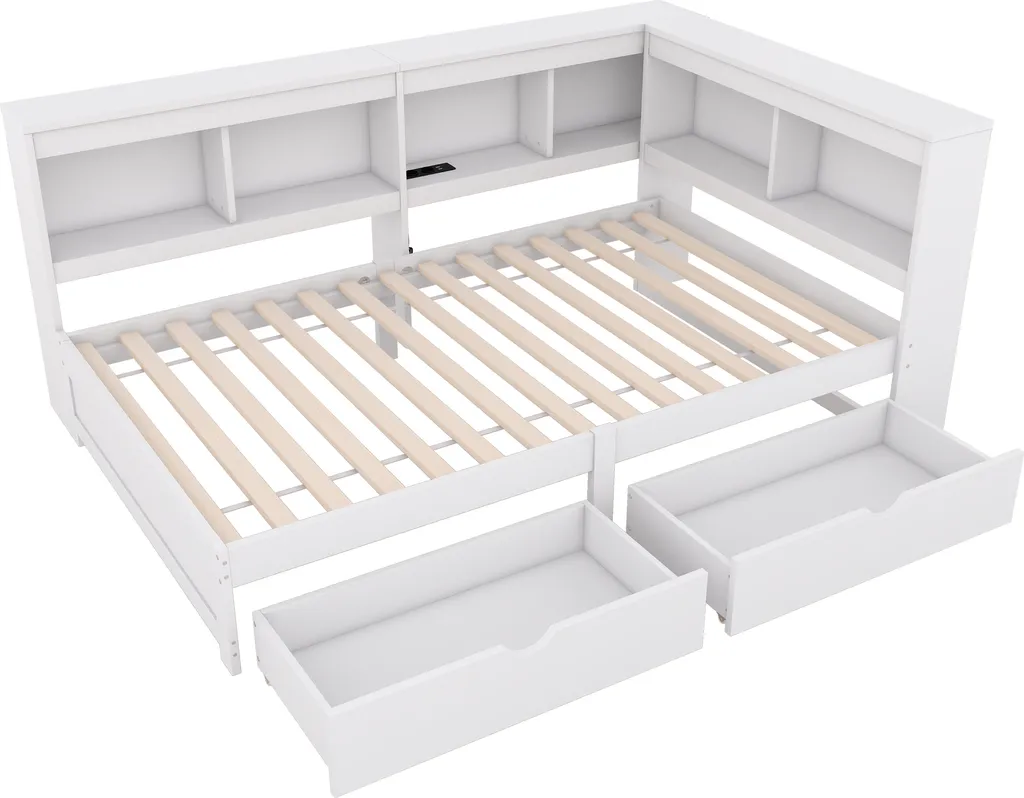 Lit avec bibliothèque tête de lit 90x200 blanc, USB et tiroirs de lit - 5