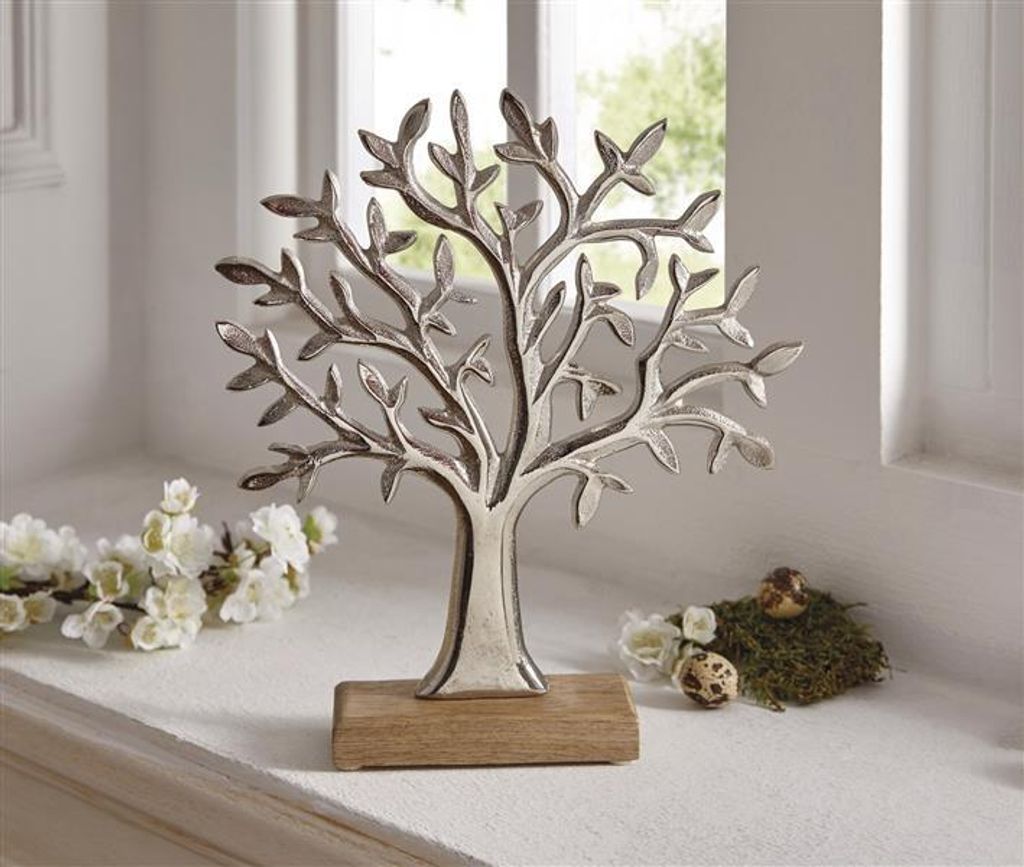 Baum "Silber" aus Aluminium & Mango Holz, Dekofigur, 31 cm hoch, Tischdeko, moderne Figur, Skulptur