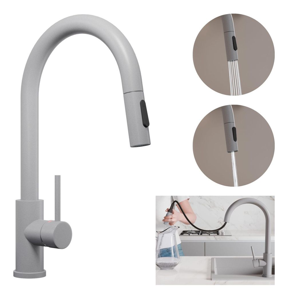 A kitchen faucet with a pull-down sprayer is shown in a collage of images. One image shows the faucet in use, with a hand holding the sprayer over a pitcher. Other images show close-ups of the sprayer head and the faucet's pull-down mechanism.