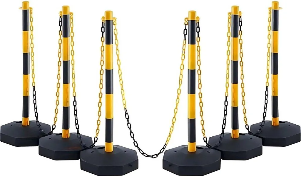 Lot de 6 poteaux de délimitation jaunes avec ruban et chaîne de 2,5m