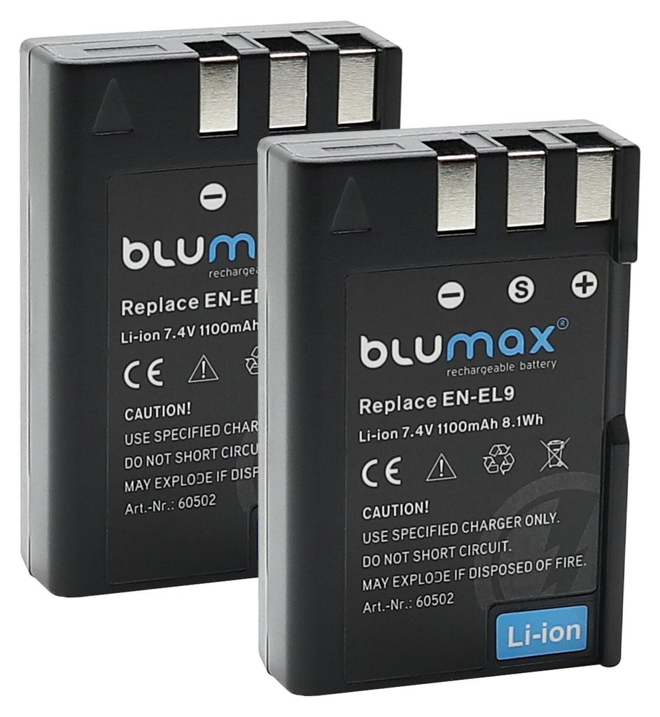 2x Blumax Akku | für Nikon EN-EL9 Digitalkamera | Kapazität 1100mAh |Spannung 7,4Volt | Video- und Kamerazubehör