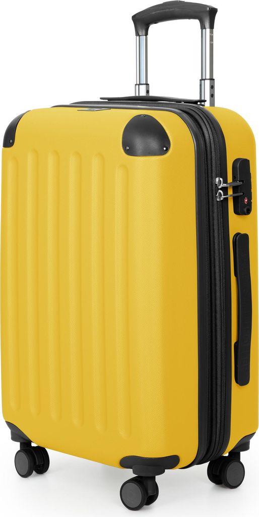 A yellow suitcase with black accents and wheels, shown from a front-diagonal angle.