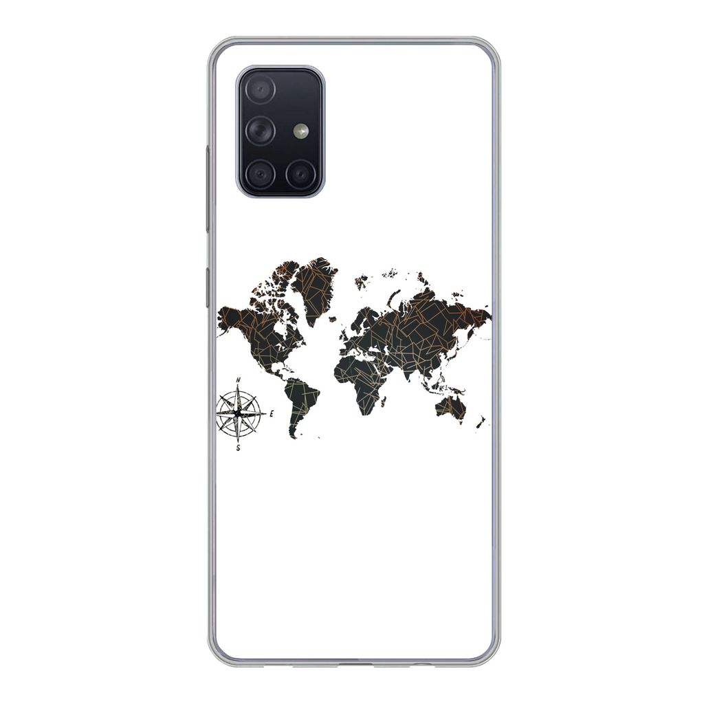 MuchoWow Handyhülle Schutzhülle Hülle für Samsung Galaxy A51 Weltkarte - Gold - Schwarz - Windrose Silikon Softcase Handy Hülle - Schutzabde...