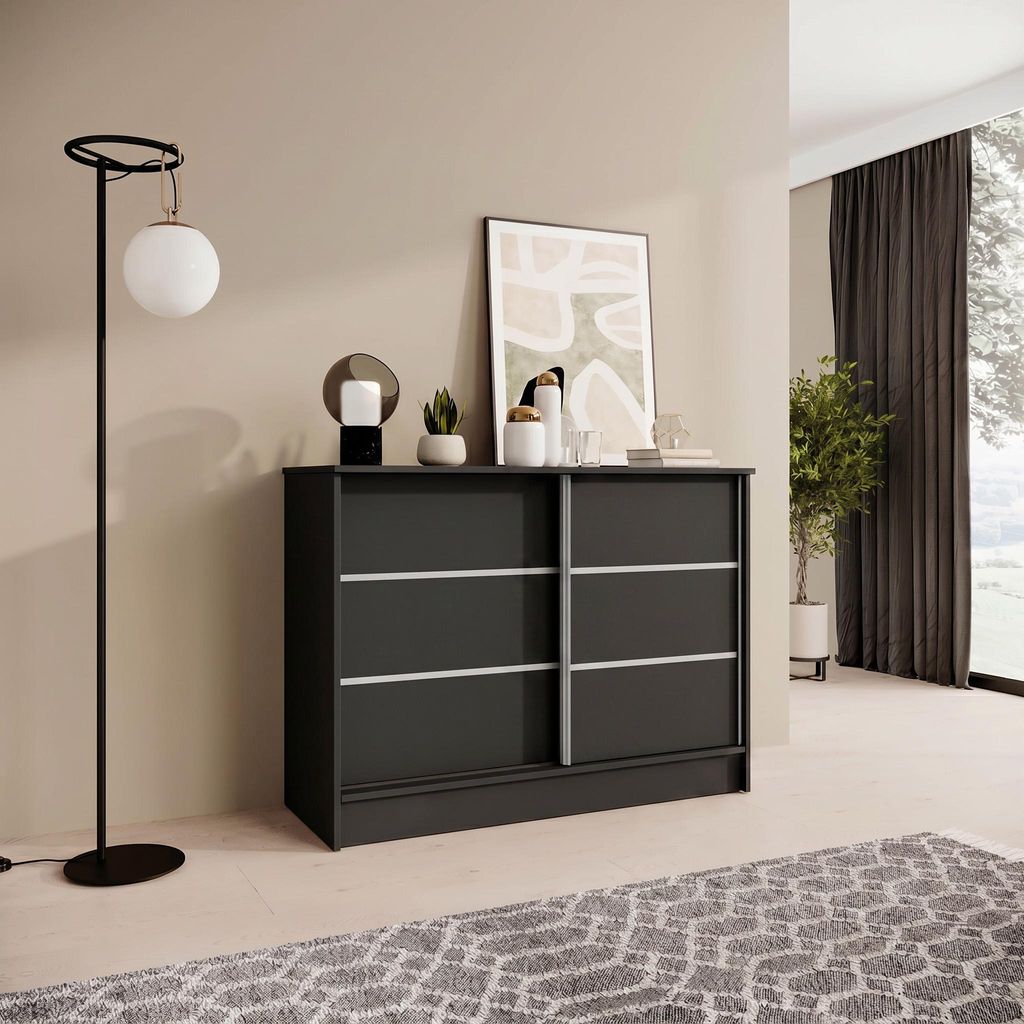 BEAUTYSOFA Kommode MIRELA 100 cm Schwarz, Sideboard mit 2 Schiebetüren, Highboard mit dekorativen Zierleisten, Moderne Anrichte, Viel Stauraum