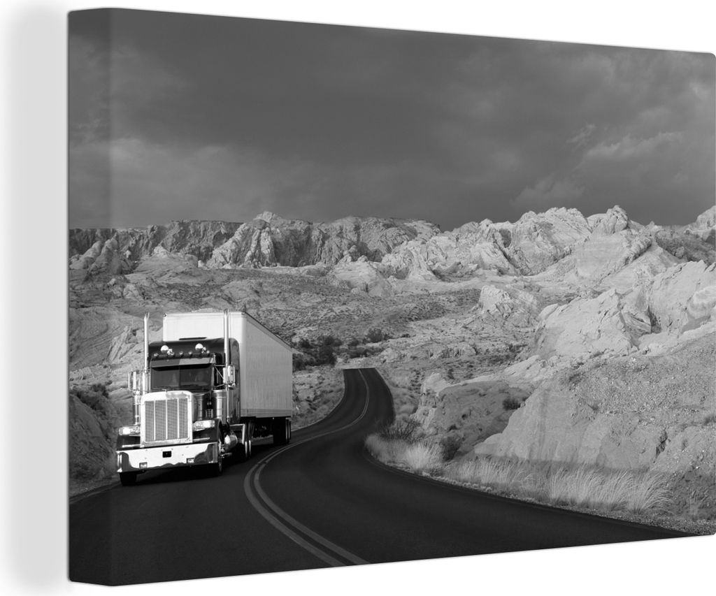 OneMillionCanvasses - Leinwandbilder - 140x90 cm, Lkw-Fahrt in schöner Umgebung - schwarz und weiß, Wandbilder Kunstdruck Wanddekoration