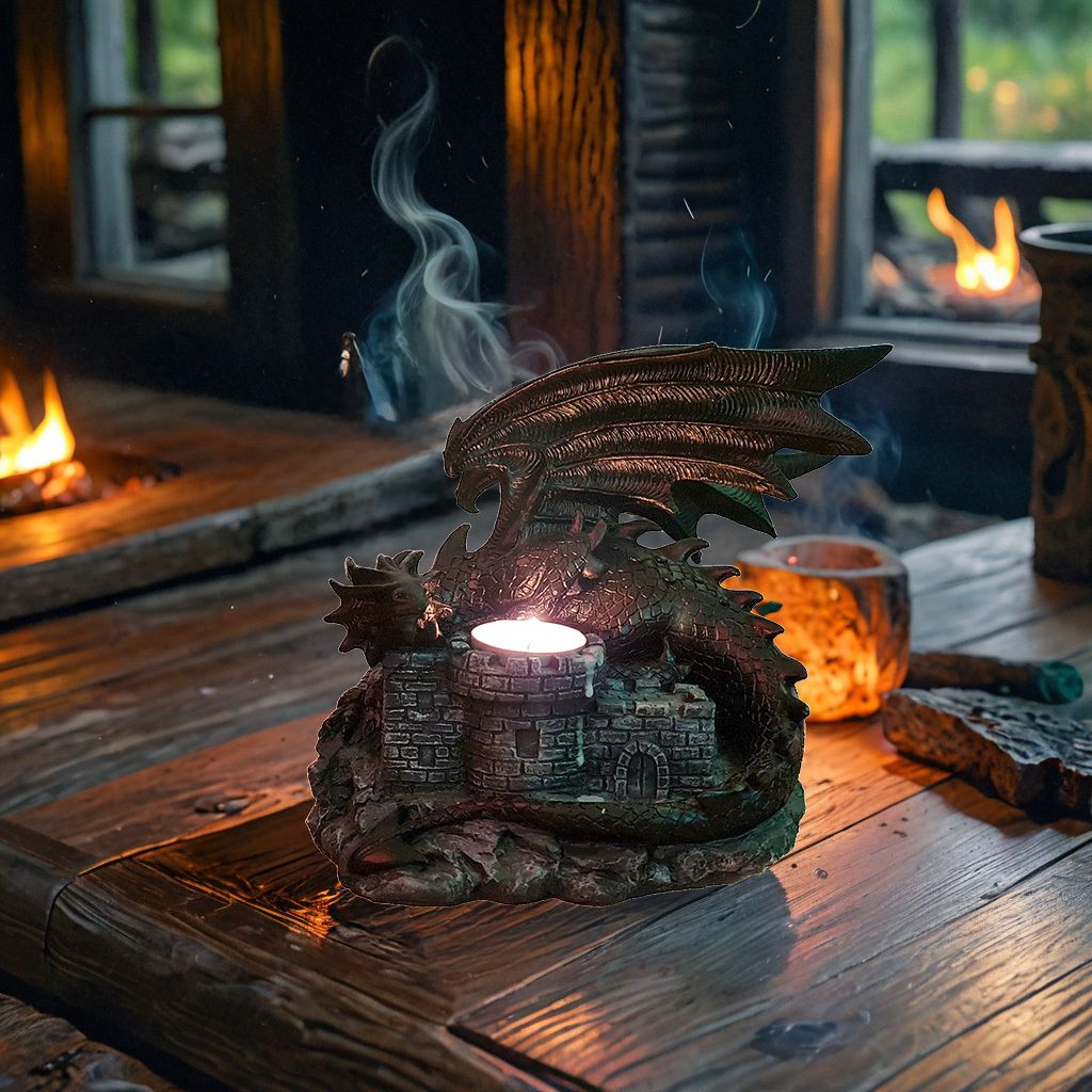 XXL Teelichthalter Drache Burg Drachenwächter 19 cm Figur Gothic - Fantasy Deko