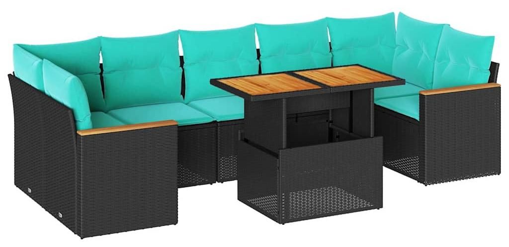 8-tlg. Garten-Sofagarnitur mit Kissen Schwarz Poly Rattan