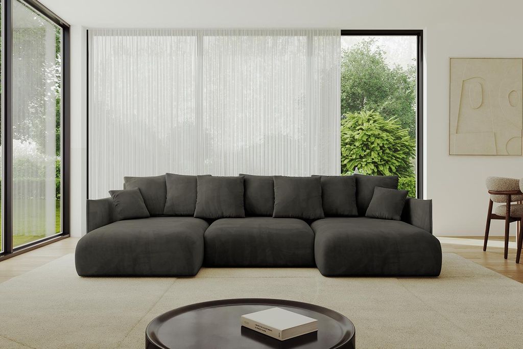 ALTDECOR Ecksofa in U-Form mit Schlaffunktion und Bettkasten - ONESK-U 317x177x72 cm Schwarz - Corner Sofa Bett Eckcouch Couch U-Form Schlafcouch A...