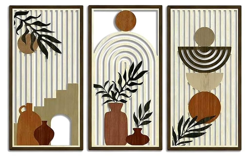 3 Stück Holz Boho Wanddekoration, moderne Wanddeko mit geometrischen Blättern für Wohnzimmer, Schlafzimmer und Flur