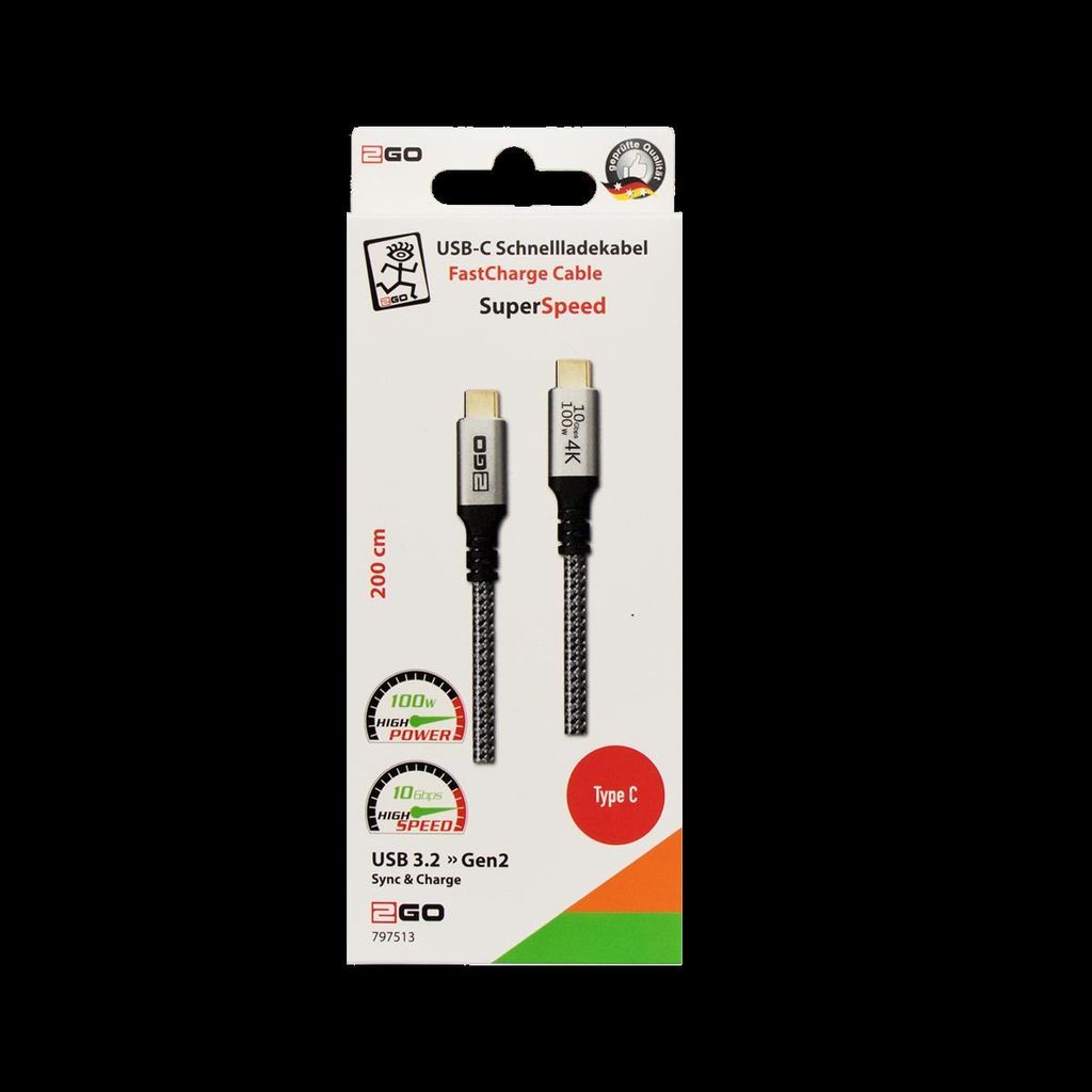 2GO Schnellladekabel USB-C 100W 10Gbps 2m