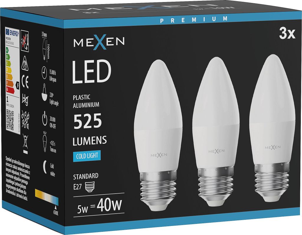 Mexen Nova 3x LED-Glühbirne E27, C37, 5W, Kalt - 6500K, 525 lm - L102-E27-0565-01x03