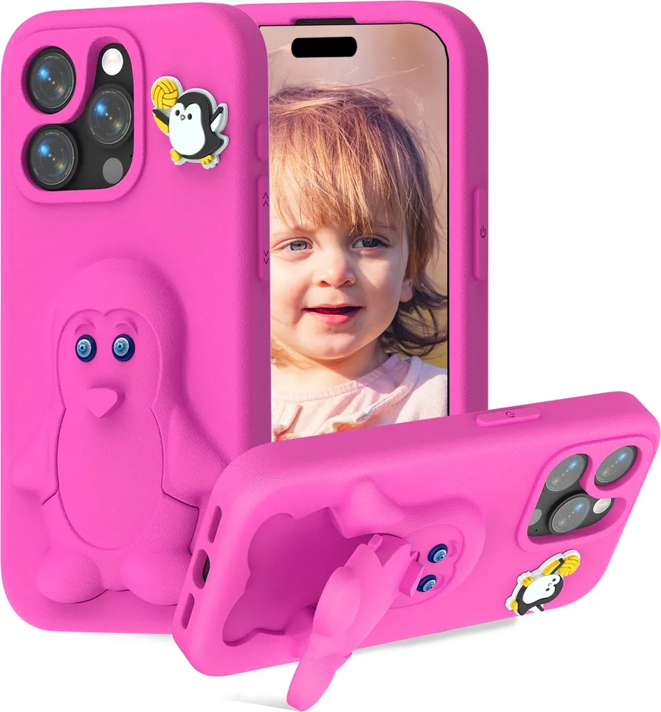 Custodia per bambini in EVA per iPhone 16 Pro Max, morbida custodia protettiva antiurto con supporto per pinguini Rosa