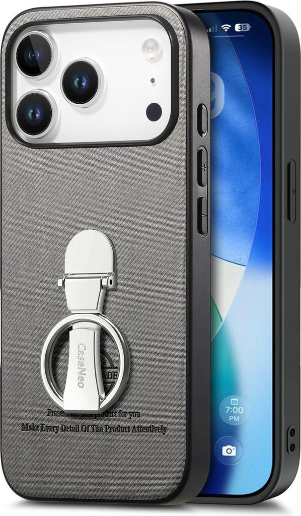 INF Graue Kunstlederhülle für iPhone 17 Air mit 360° drehbarem Ringhalter