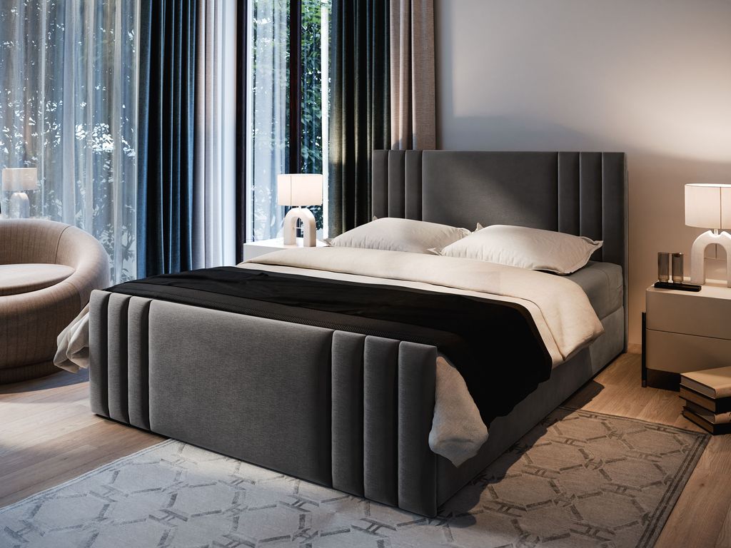Masseno Boxspringbett KANES 160x200 cm Komplett-Set mit Bonell Matratze und Topper, Polsterbett mit Bettkästen -Grau, CASABLANCA 15