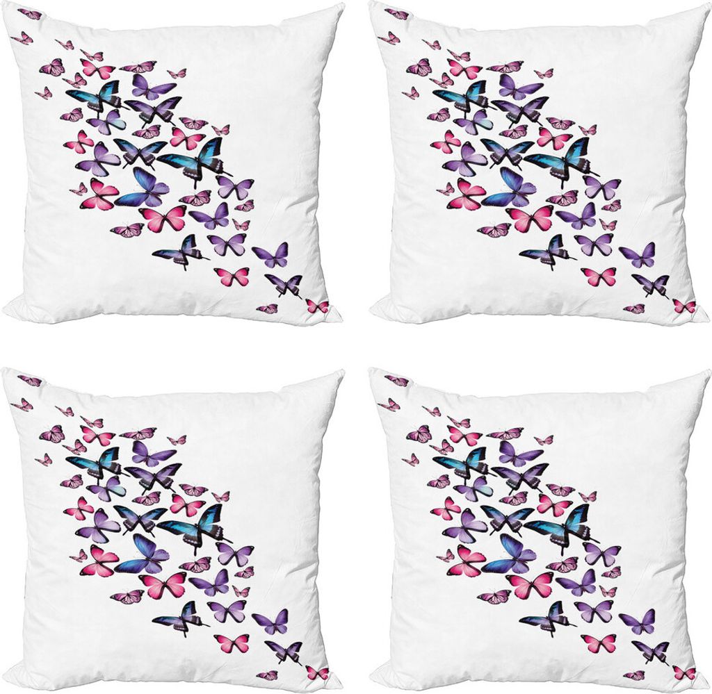 ABAKUHAUS Schmetterlinge Kissenbezug Set (4 Stück), Flügel Feminine, Moderner Doppelseitiger Digitaldruck, 60 cm x 60 cm, Blau, Lila, Rosa
