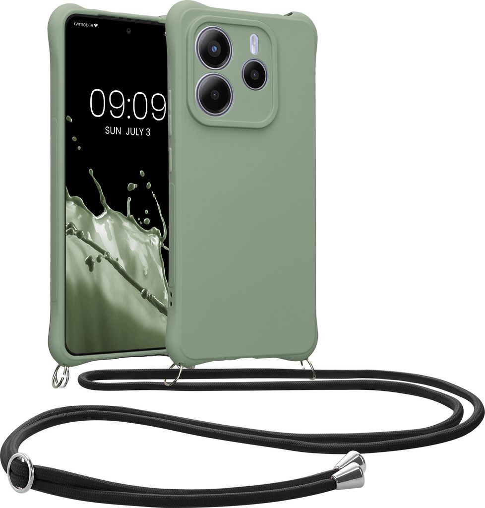 kwmobile Necklace Case kompatibel mit Xiaomi Redmi Note 14 5G (Nicht für 4G) Hülle - Cover mit Kordel zum Umhängen - Silikon Schutzhülle Graugrün
