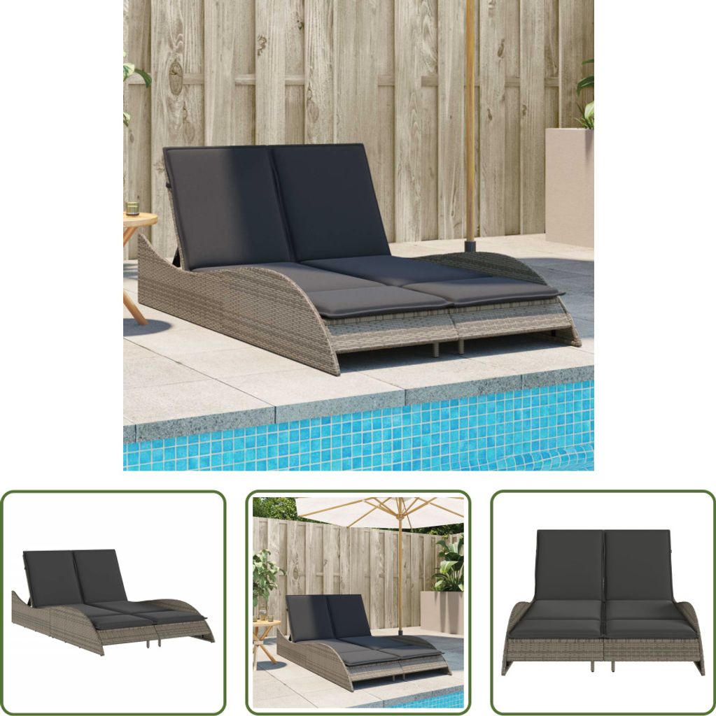 The Living Store Sonnenliege mit Auflagen Grau 114x205x73 cm Poly Rattan
