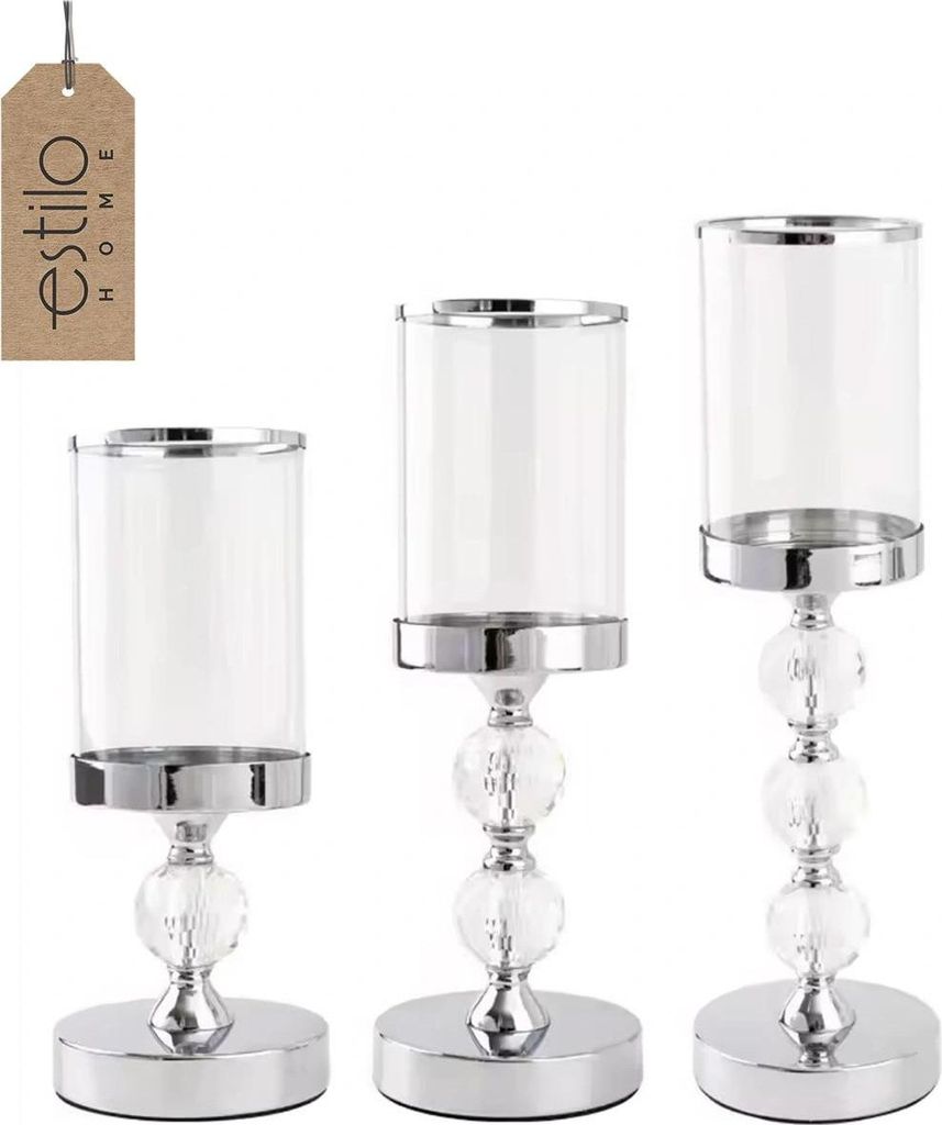 Glaslaternen-Kerzenhalter, silberfarben, glamourös – 3er-Set