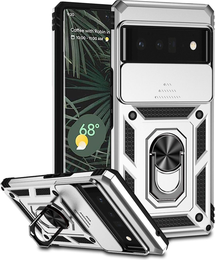 Google Pixel 6 Pro Hülle mit Schiebe Kamera Schutz und Ringhalter Ständer Robust Rüstung Schutzhülle für Google Pixel 6 Pro Silber