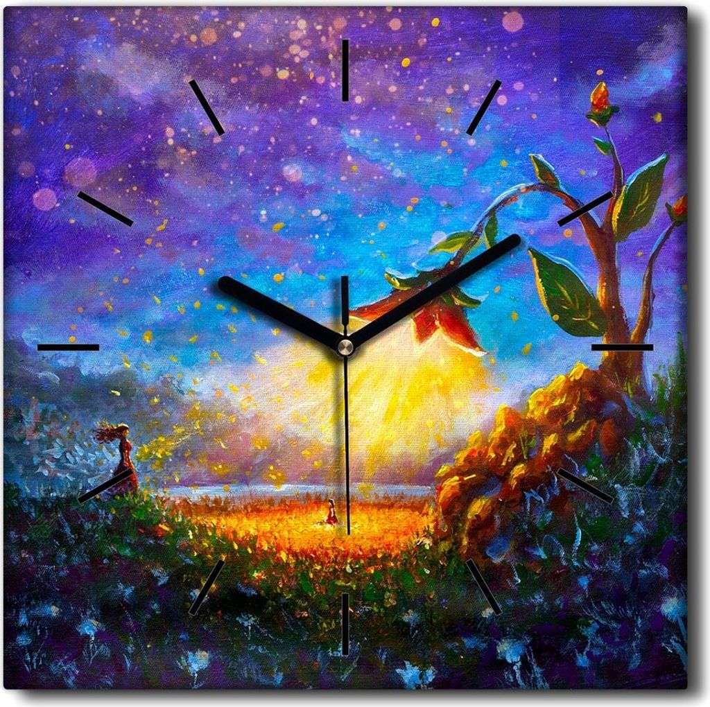 Coloray Uhr auf Leinwand 30x30 cm Wand Uhr Dekoration Wohnzimmer Segeltuch schwarze Hände -Mädchenblumen