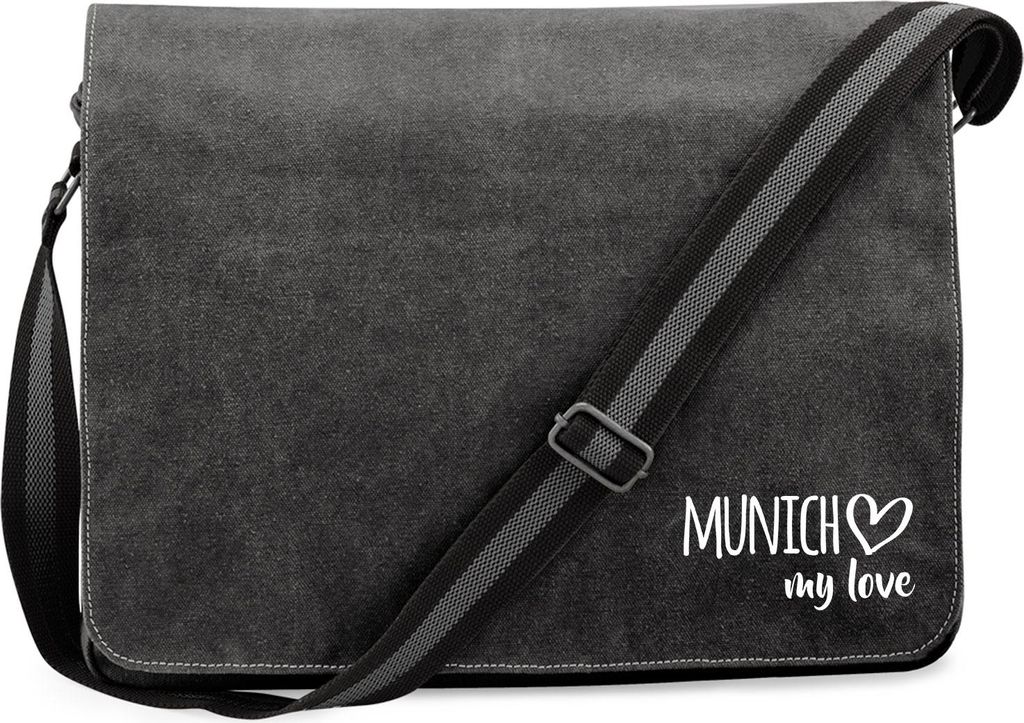 Huuraa Umhängetasche Munich my love 14 Liter Black Canvas Laptoptasche Geschenkidee