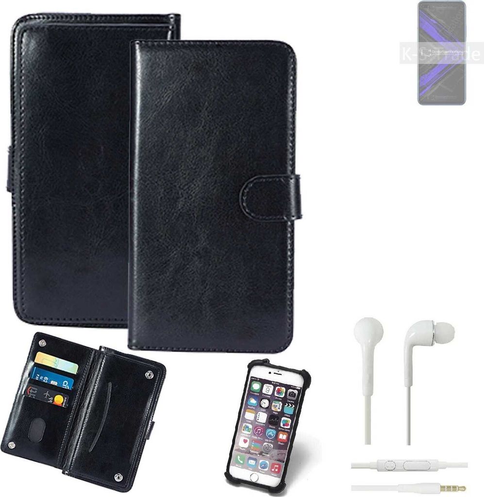 K-S-Trade 360° Hülle kompatibel mit Huawei Honor Play 4 Pro inkl. Headphones schwarz Kunstleder Case BookCase WalletCase Kunstlederederhülle