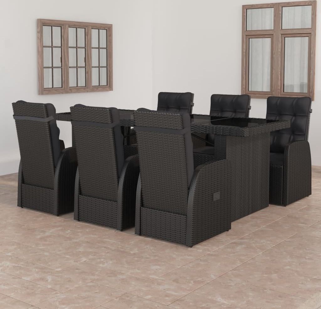 The Living Store 7-tlg. Garten-Essgruppe mit Auflagen Poly Rattan Schwarz