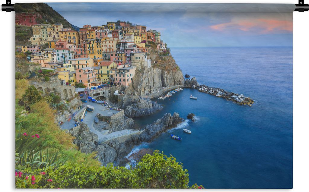 MuchoWow Wandteppich Wandbehang Beleuchtetes Dorf Manarola in den Cinque Terre 90x60 cm Tapisserie Dekoration Wandtuch - Wandskulpturen - Bildtep...
